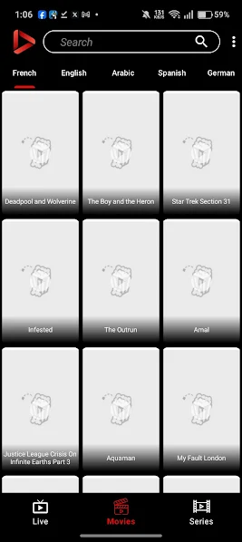 OTF TV categories on an Android phone
